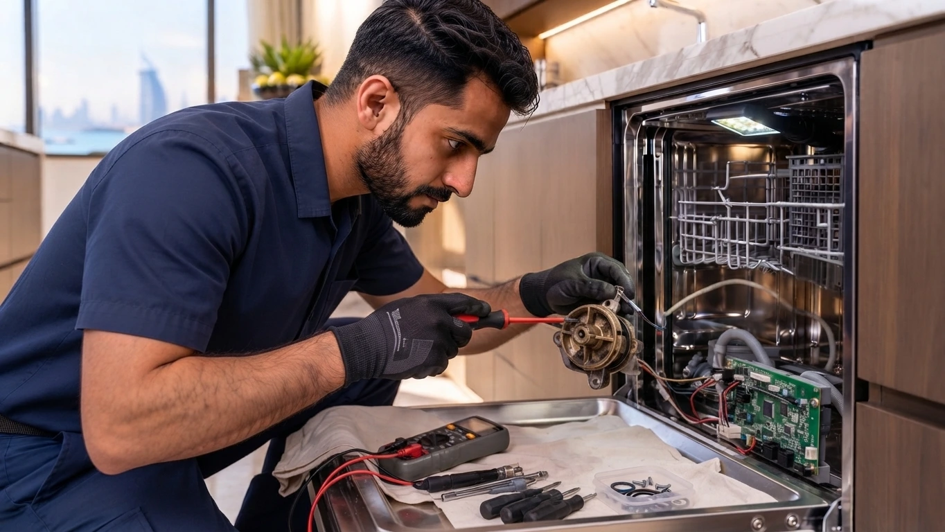 Professional technician inspecting built-in dishwasher unit