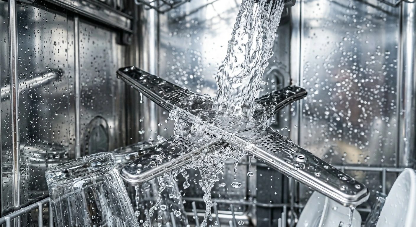 Technician performing dishwasher maintenance and filter cleaning