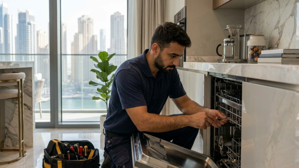 Professional technician providing built-in dishwasher repair in a Dubai Marina apartment