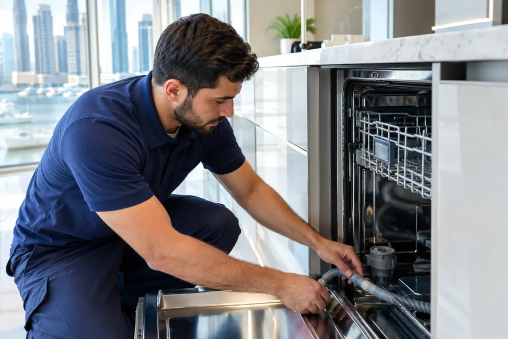 Professional technician in a navy uniform repairing a built-in dishwasher drain hose in a Dubai Marina high-rise apartment kitchen.