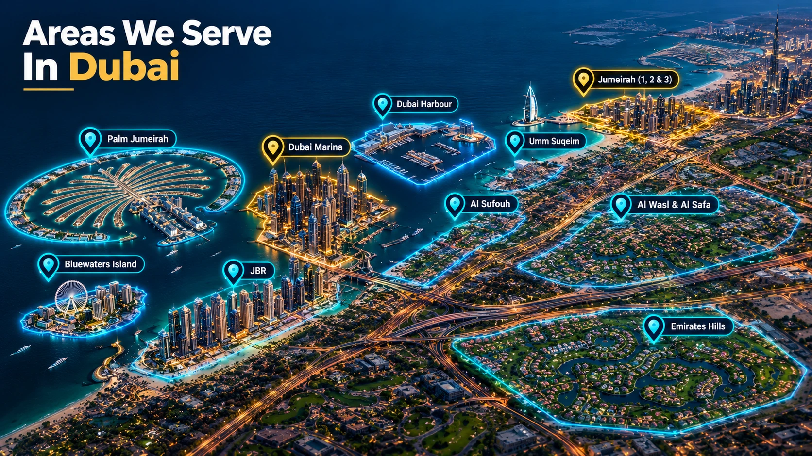 Service areas map covering Dubai Marina and Jumeirah