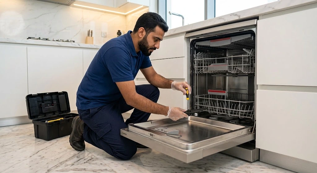 Professional technician providing licensed dishwasher repair service in Jumeirah, Dubai villa kitchen.