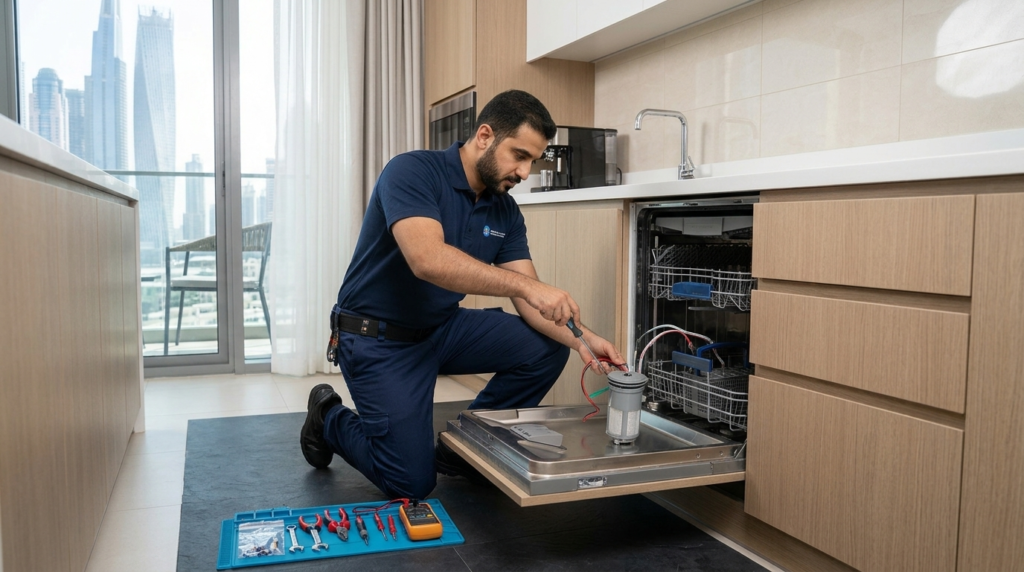 Professional technician inspecting and repairing a built-in dishwasher in a Dubai kitchen during an on-site service visit.